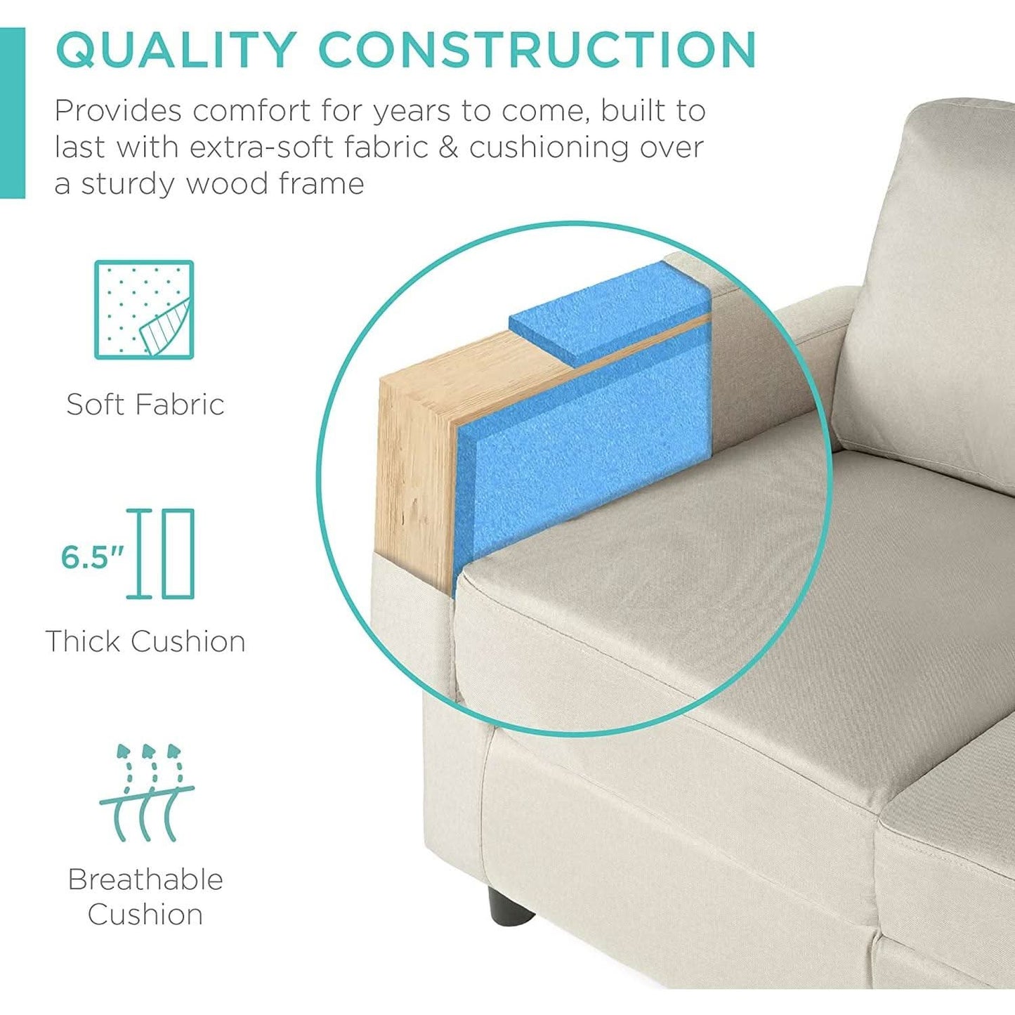 Compact Beige Linen Sectional Sofa With Chaise And Reversible Ottoman