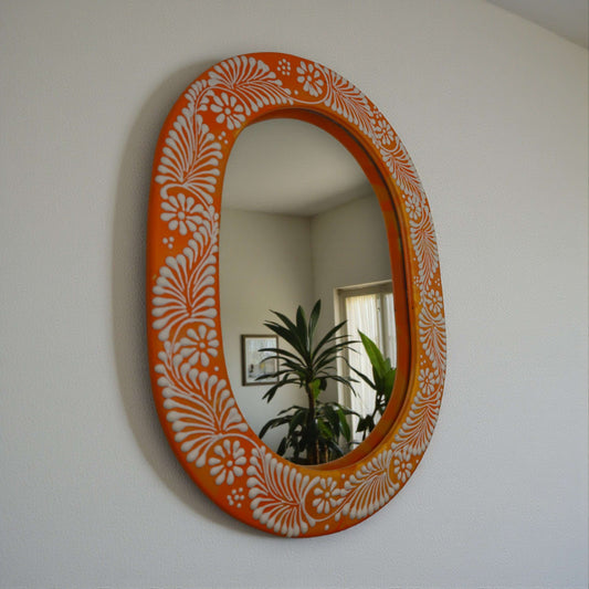 Floral Brown & White Talavera Mirror | Handmade Mexican Art