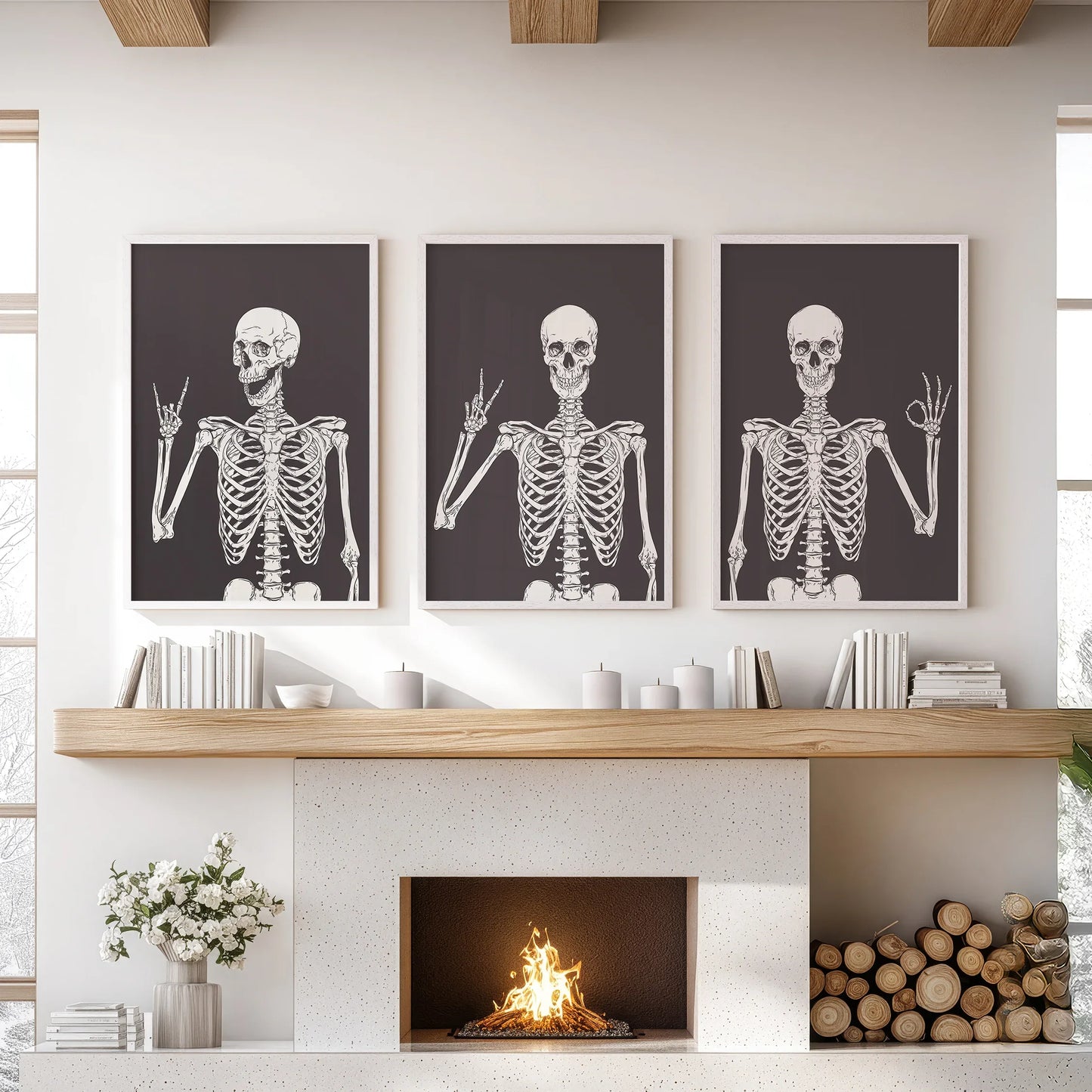 Halloween Skeleton Wall Art Set. 3 Piece Black Gothic Prints