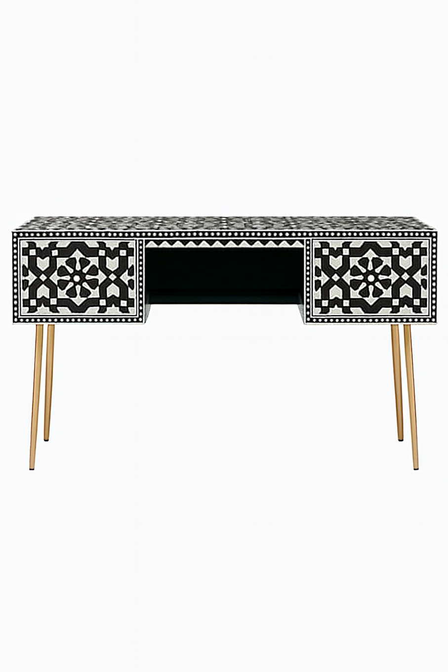 Black & White Bone Inlay Console Desk with Gold Metal Legs