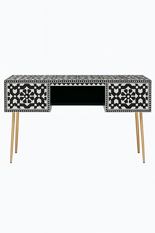 Black & White Bone Inlay Console Desk with Gold Metal Legs