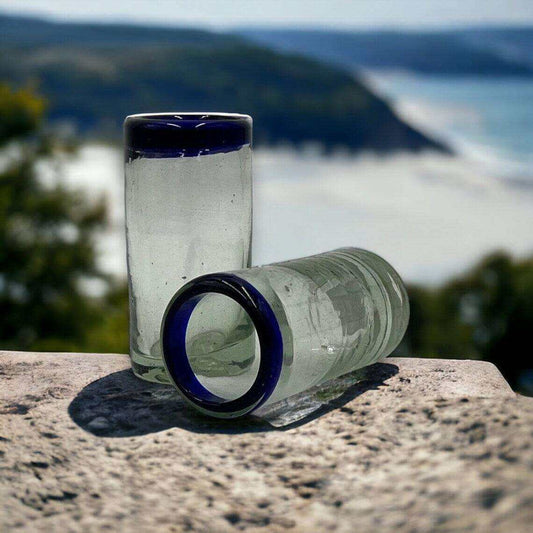 Hand-Blown Mexican Shot Glass | Blue Rim Double Shot Glass Set