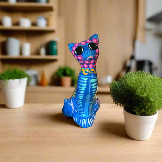 Hand-Painted Guerrero Cat Statue | Colorful Mexican Ceramic Figure