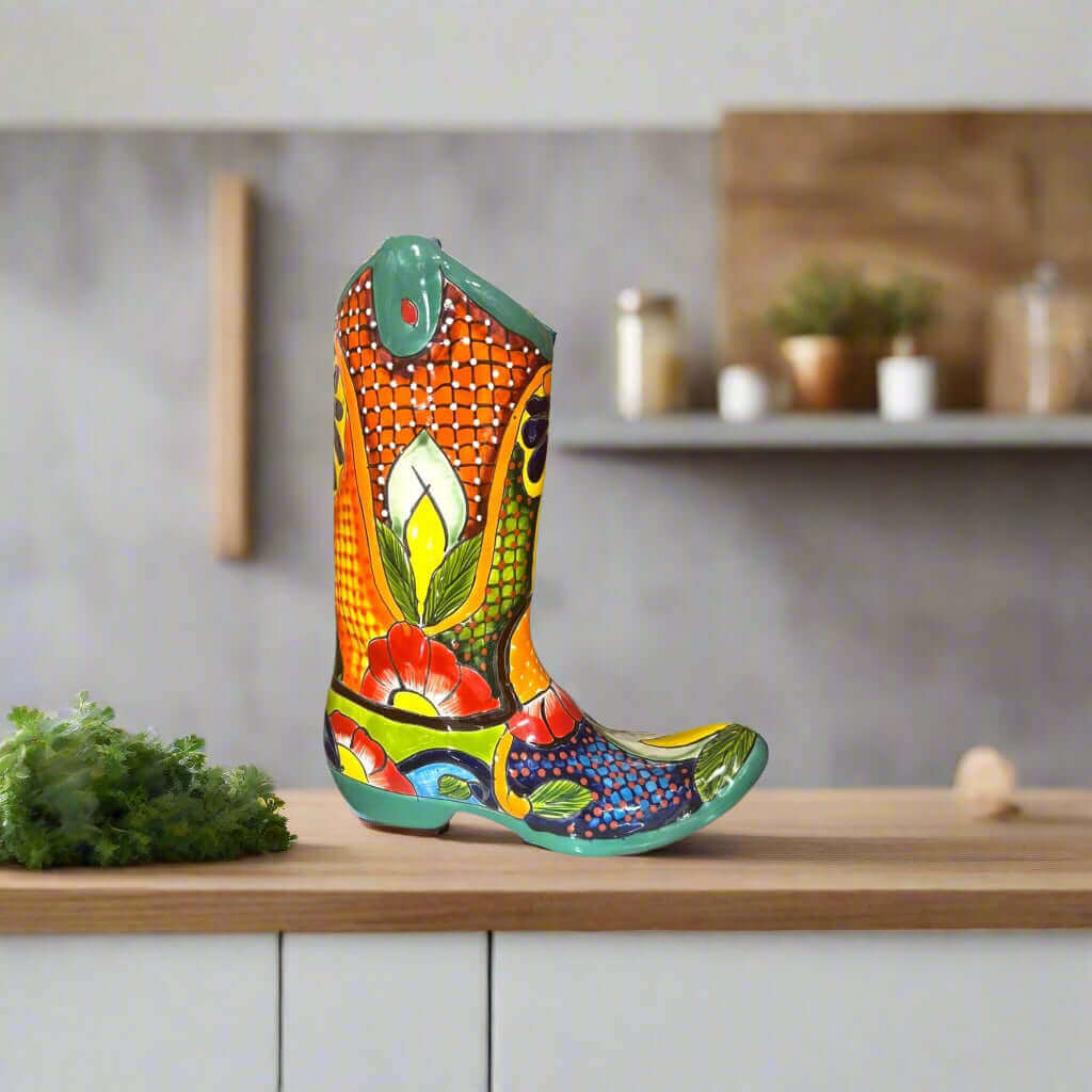 Talavera Boot Planter | Hand-Painted Mexican Flower Pot Art