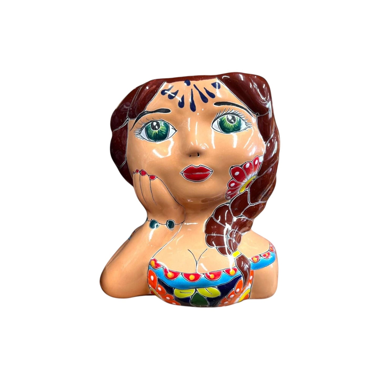 Hand-Painted Talavera Ceramic Lady Planter | Mexican Artwork Decor