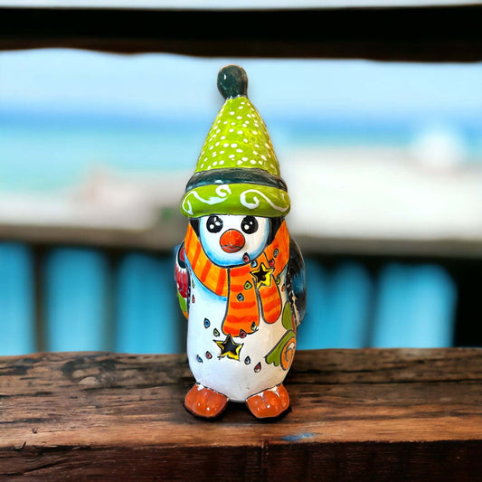 Hand-Painted Talavera Penguin Statue | Festive Christmas Decor