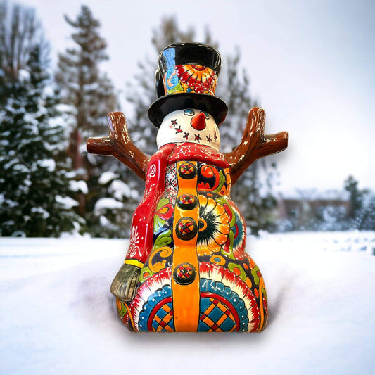 Hand-Painted Talavera Snowman Statue | Festive Christmas Decoration