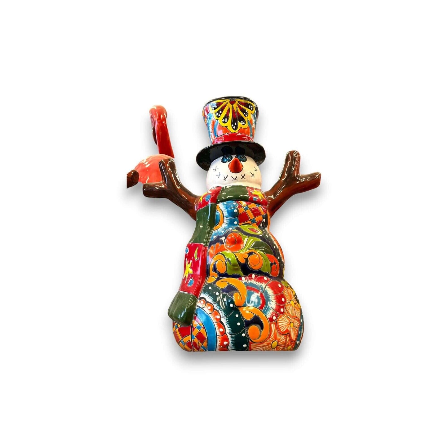 Hand-Painted Talavera Snowman Statue | Festive Christmas Decoration