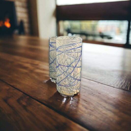 Handmade Mexican Double Shot Glass | White & Blue Swirl Design
