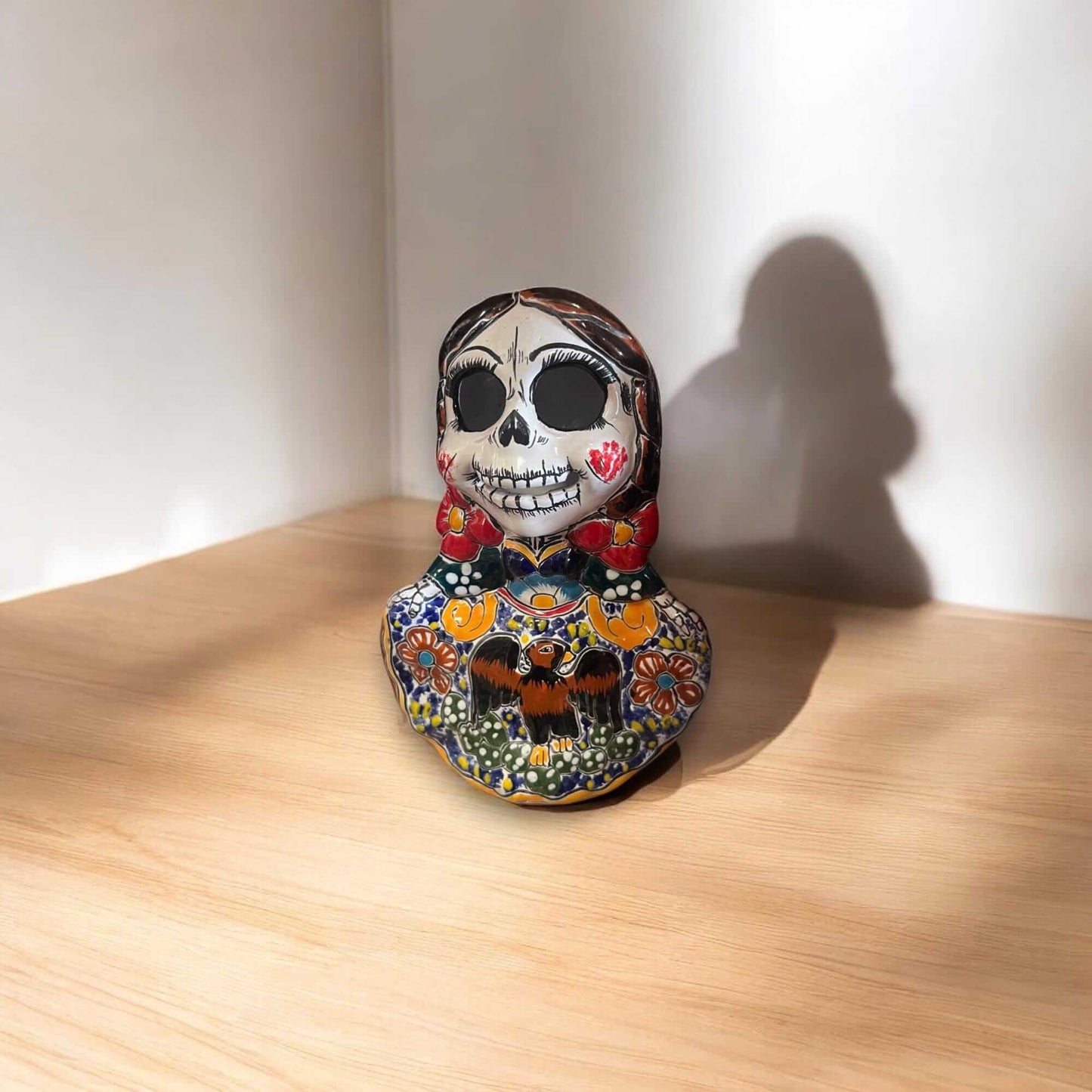 Vibrant Talavera Skeleton Woman Statue | Day of the Dead Decor