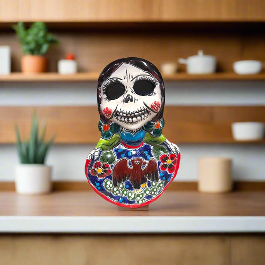 Vibrant Talavera Skeleton Woman Statue | Day of the Dead Decor