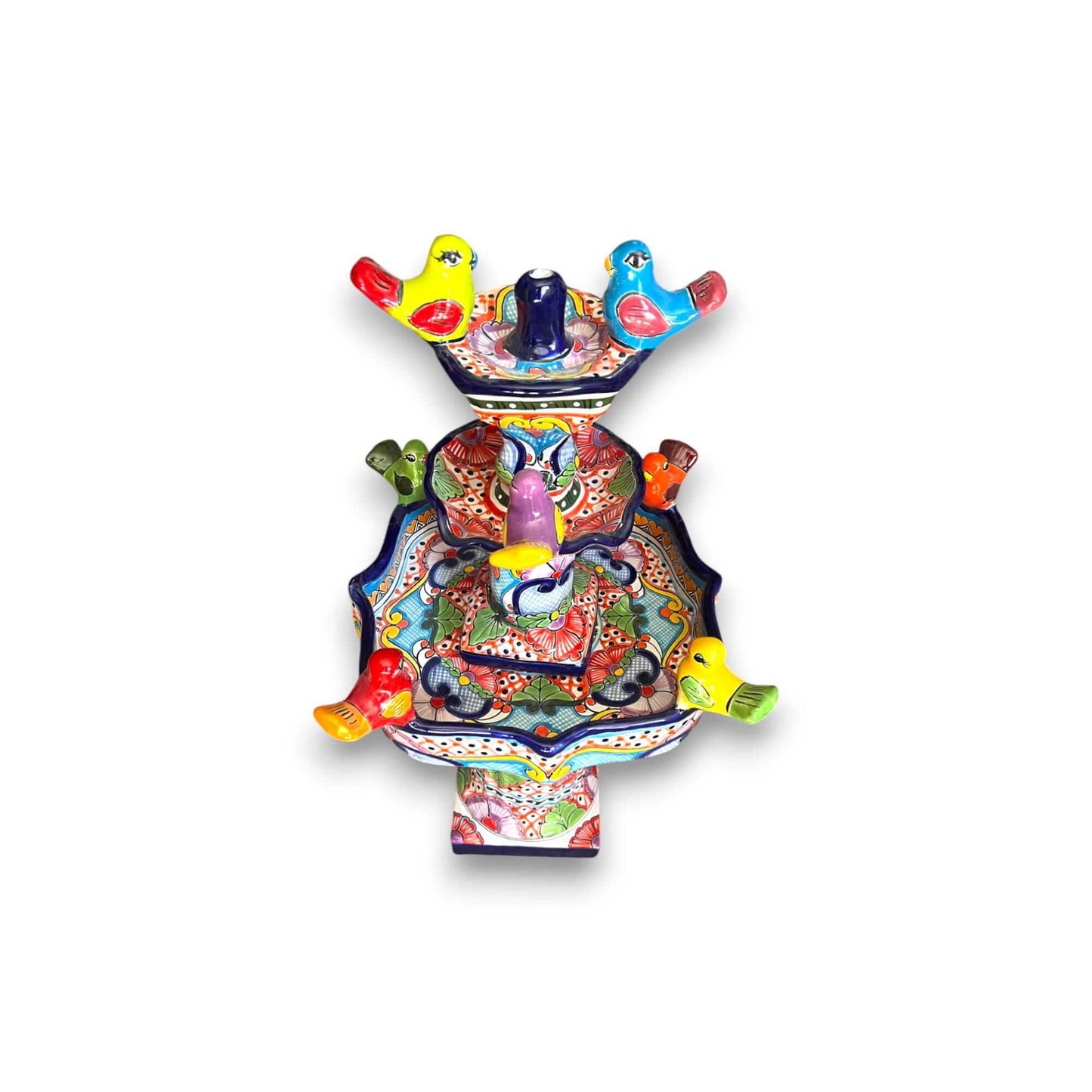 Handmade Talavera Bird Fountain | Outdoor Water Fountain (27” Tall