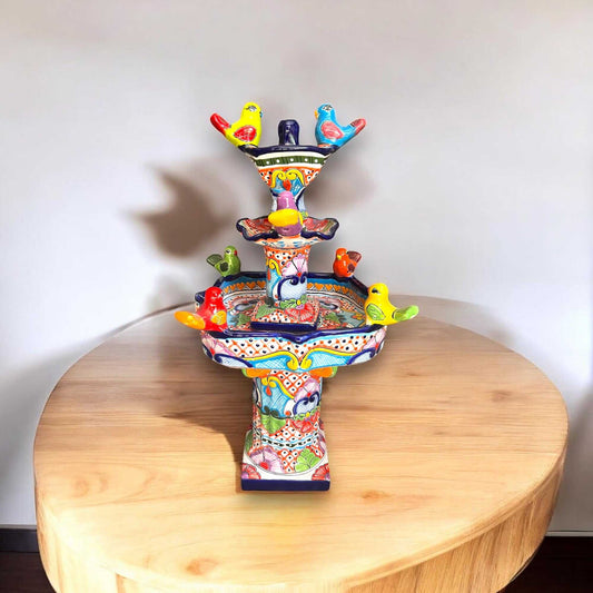 Handmade Talavera Bird Fountain | Outdoor Water Fountain (27” Tall