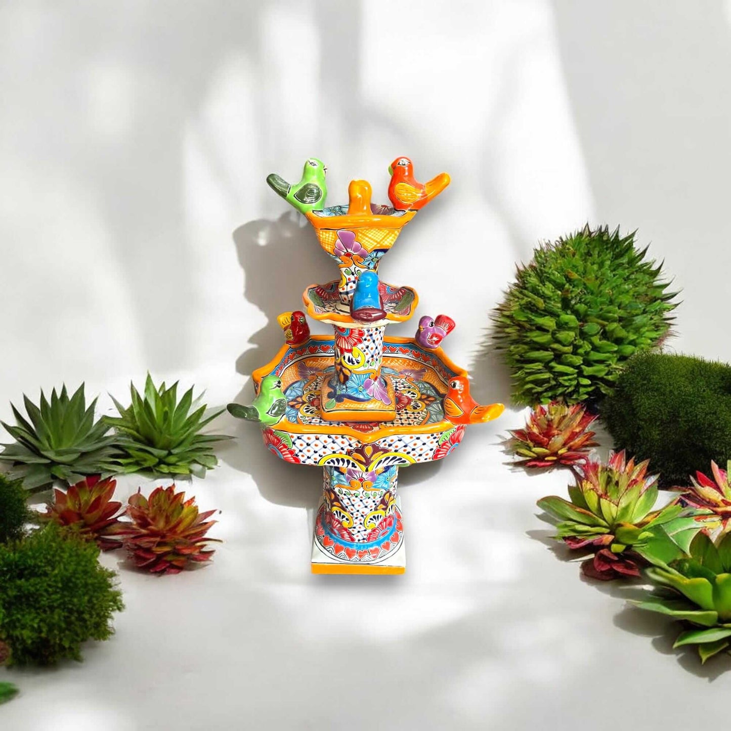 Handmade Talavera Bird Fountain | Outdoor Water Fountain (27” Tall