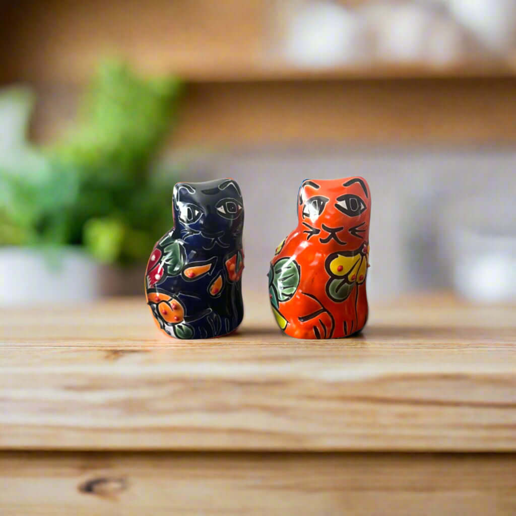 Set of 2 Small Talavera Cat Statues | Handmade Mexican Figurines