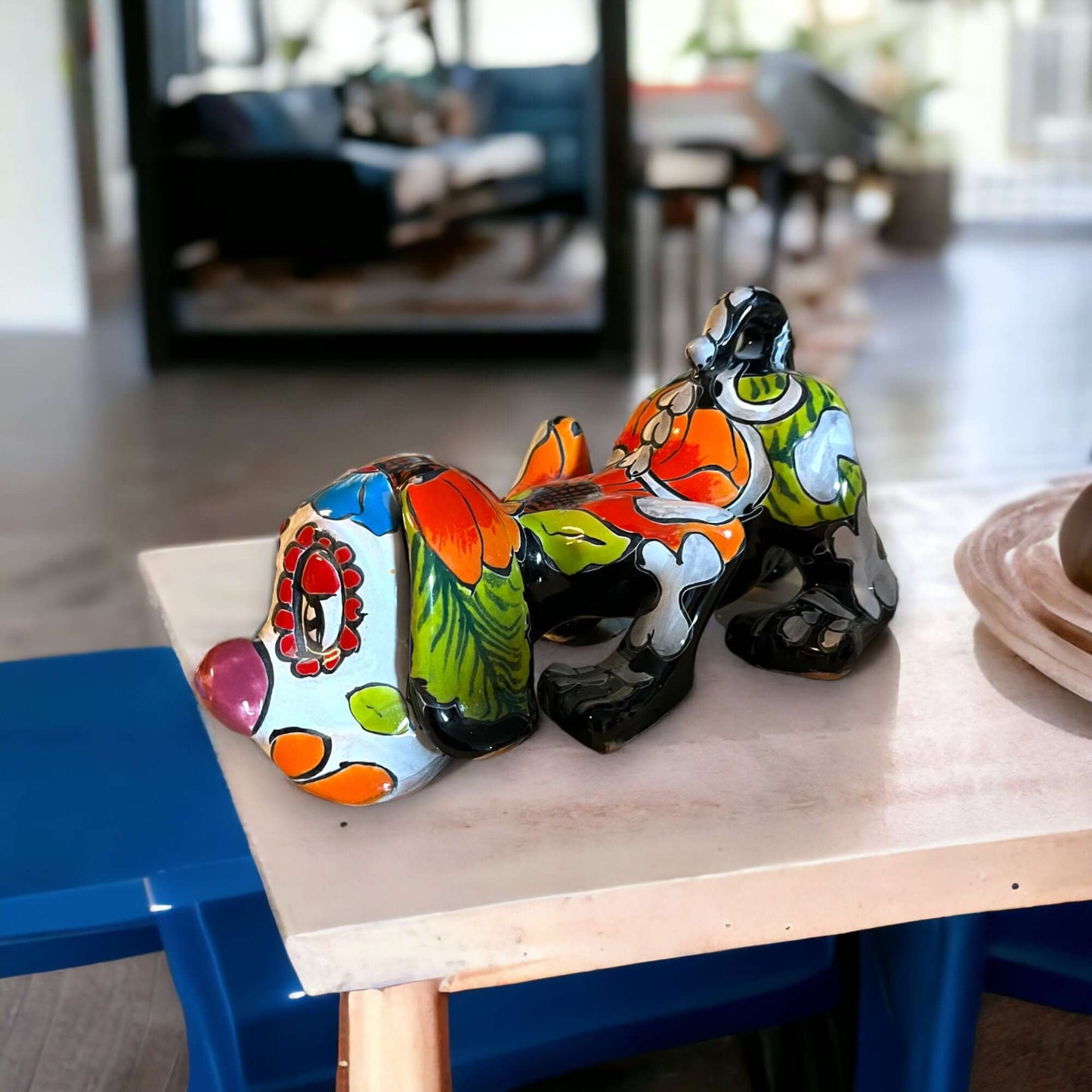 Handmade Talavera Day of the Dead Bloodhound Statue | Mexican Folk Art