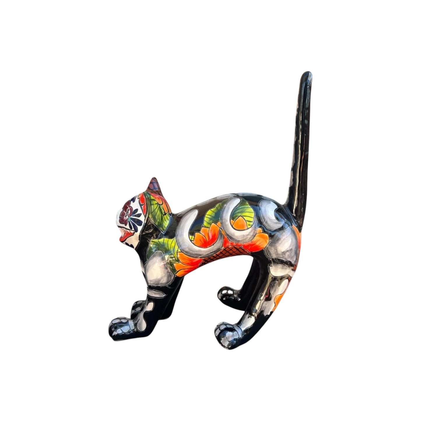 Handmade Talavera Arched Cat Statue | Day of the Dead Ceramic Cat Art