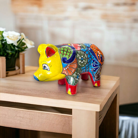 Vibrant Talavera Pig Statue | Colorful Handmade Mexican Animal Pottery