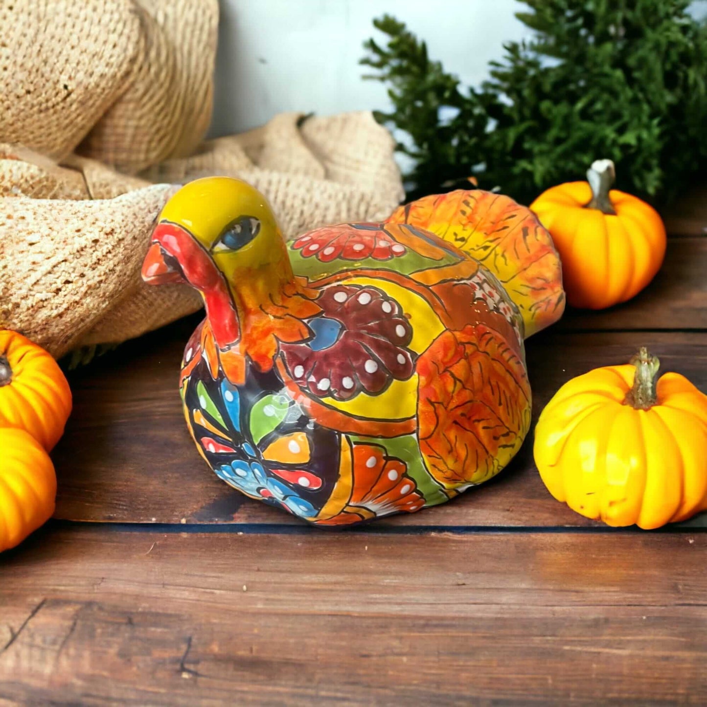 Small Handmade Talavera Turkey Statue | Vibrant Mexican Cultural Art