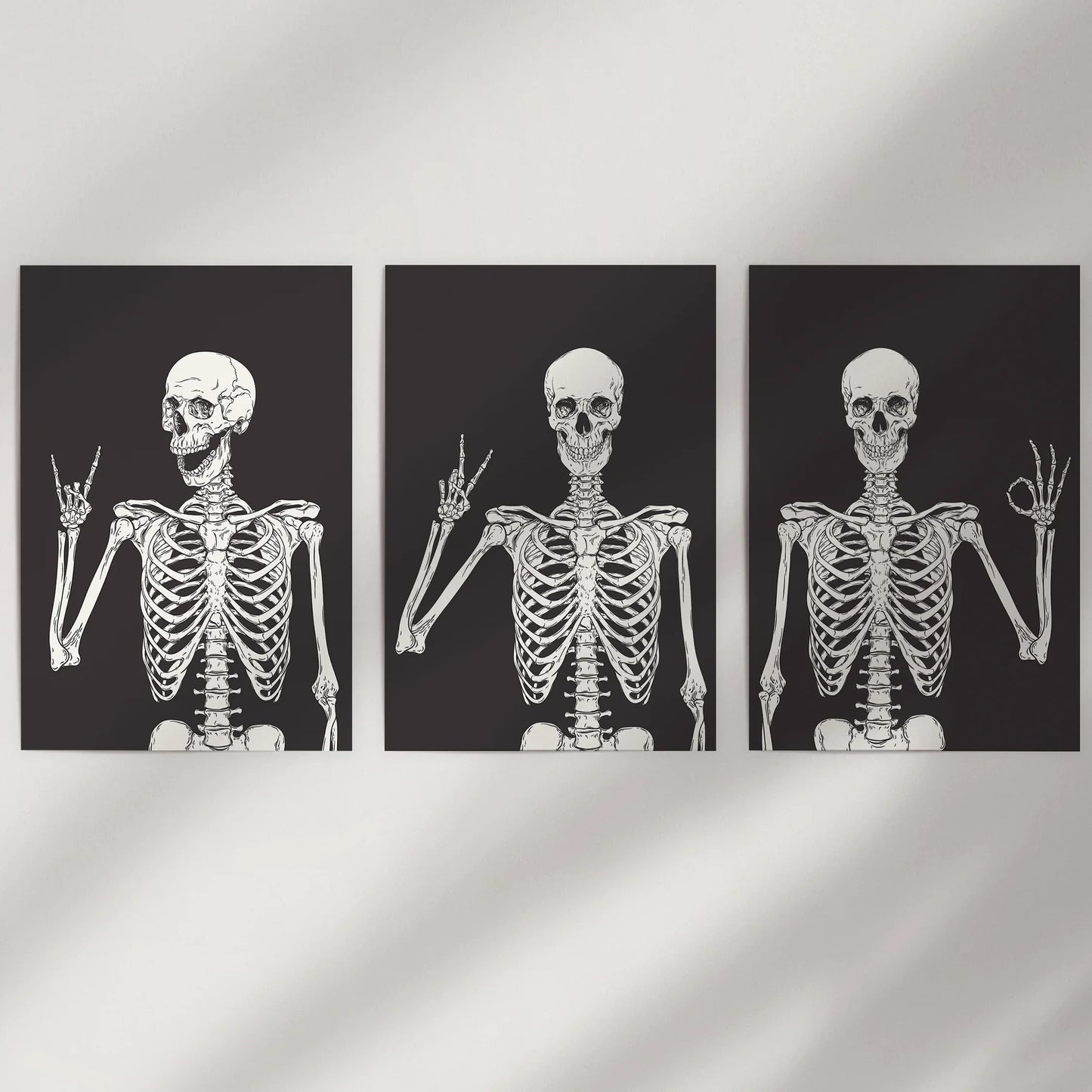 Halloween Skeleton Wall Art Set. 3 Piece Black Gothic Prints