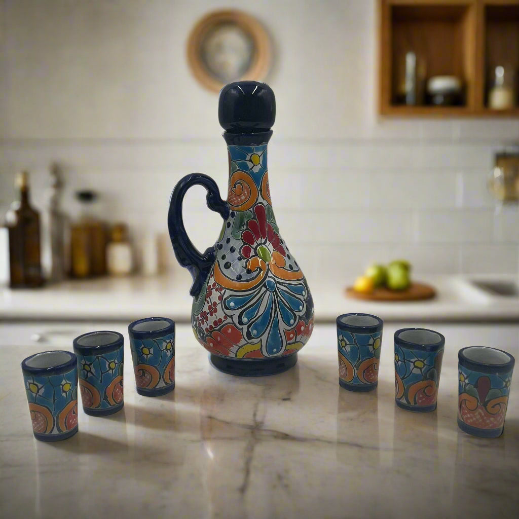 Talavera Decanter with 6 Shot Glasses | Hand-Painted Mexican Set