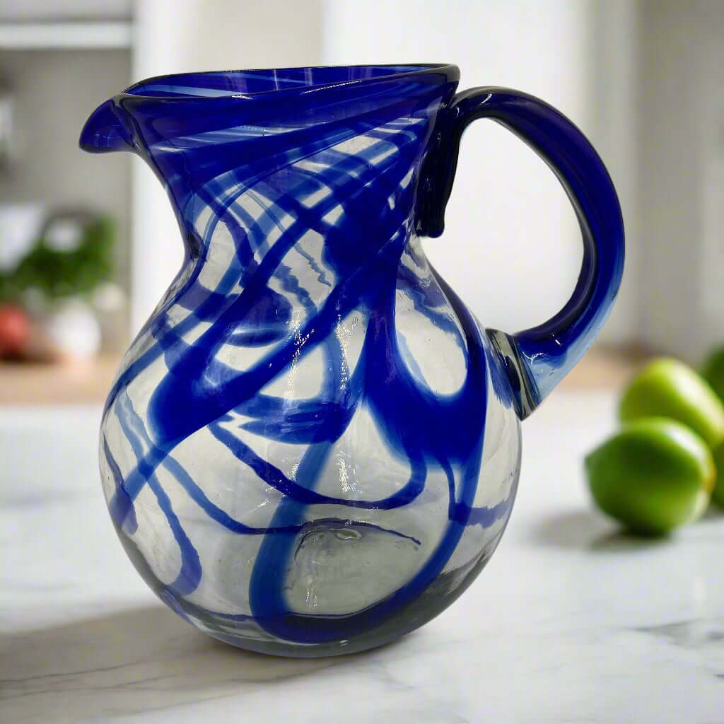Blue Swirl Glass Pitcher | Hand-Blown Mexican Drinkware