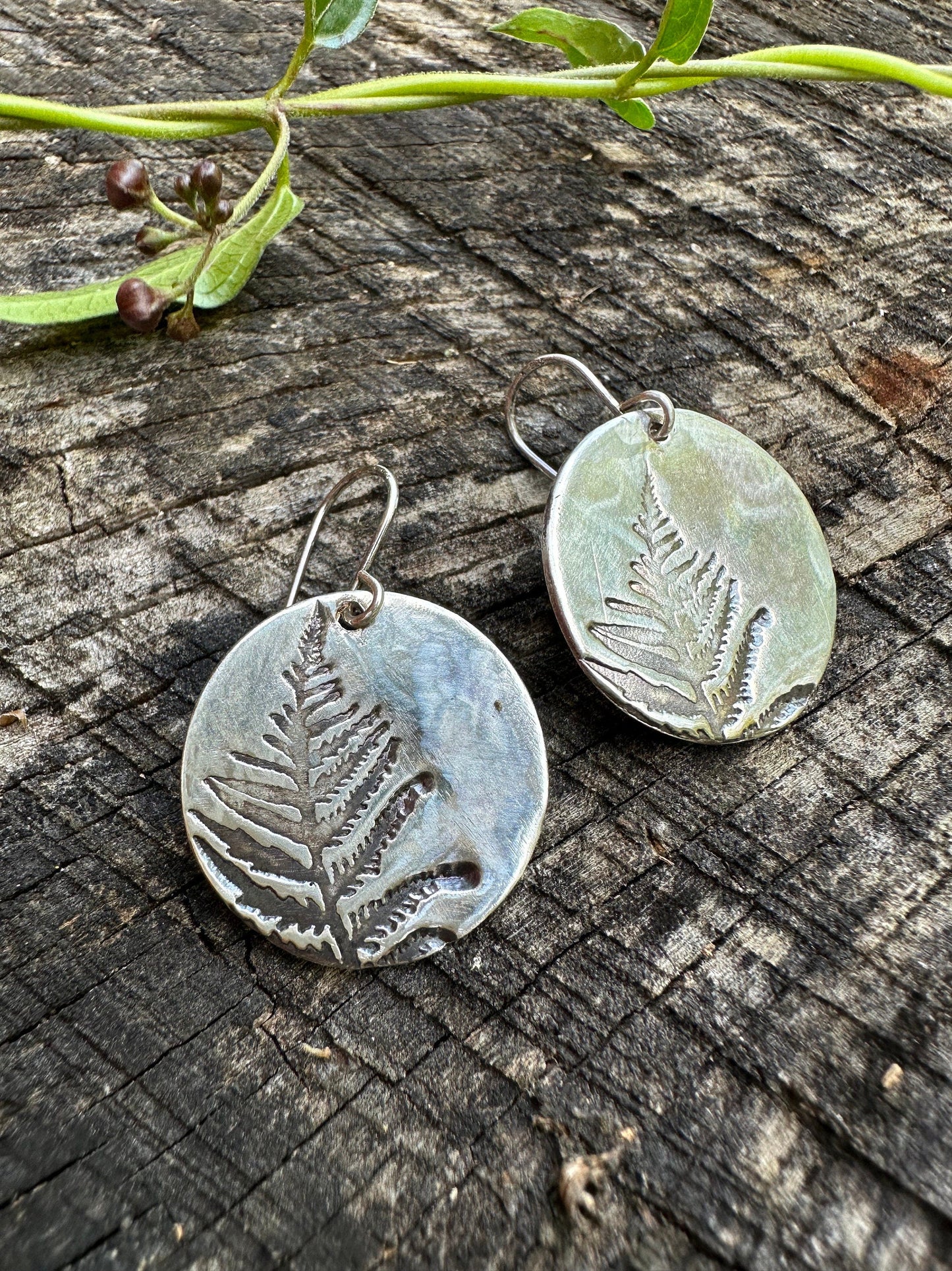 Disc Earrings with fern stamp pattern in Recycled Sterling silver