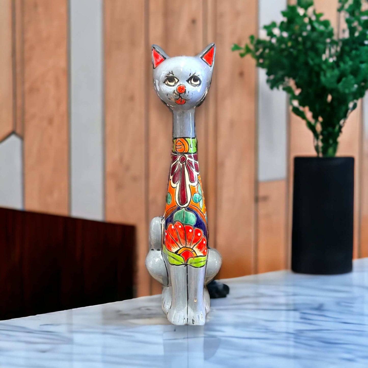 Mexican Handmade Talavera Cat Statue | Cultural Artwork