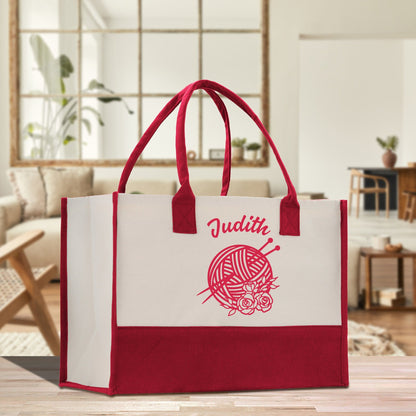 Personalized Knitting Cotton Canvas Tote Bag Custom Grandma Kitting Bag Yarn Custom Crochet Bag Mother's Day Gift Knitting Gift