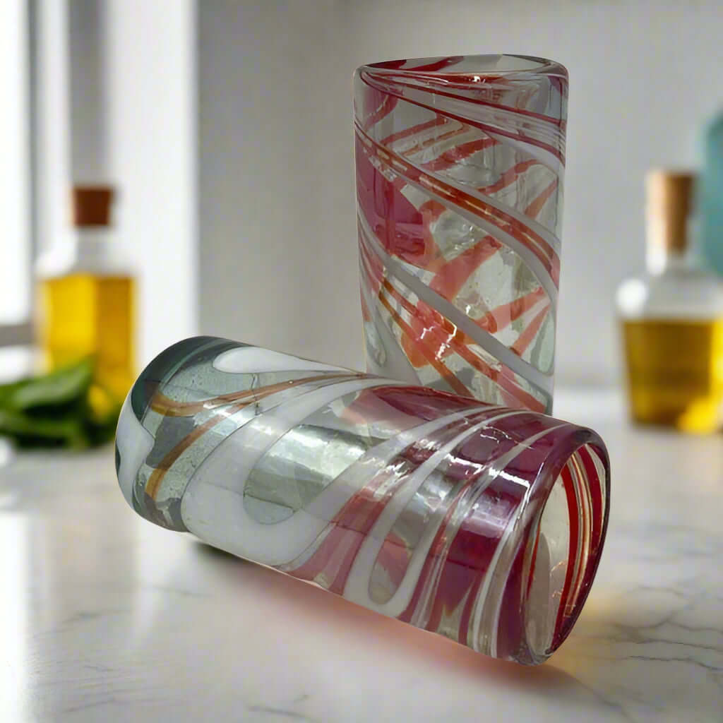 Festive Hand-Blown Tumbler Glass | Red & White Candy Cane Design