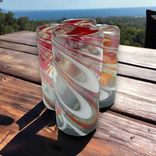 Festive Hand-Blown Tumbler Glass | Red & White Candy Cane Design