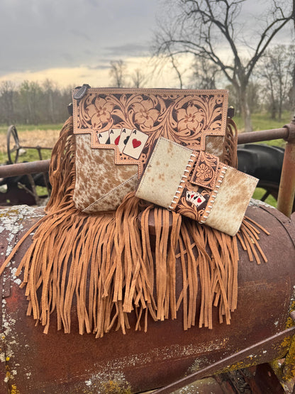 Genuine Western Spotted Cowhide Leather Purse and Wallet with Ace Cards painted details and tan fringe