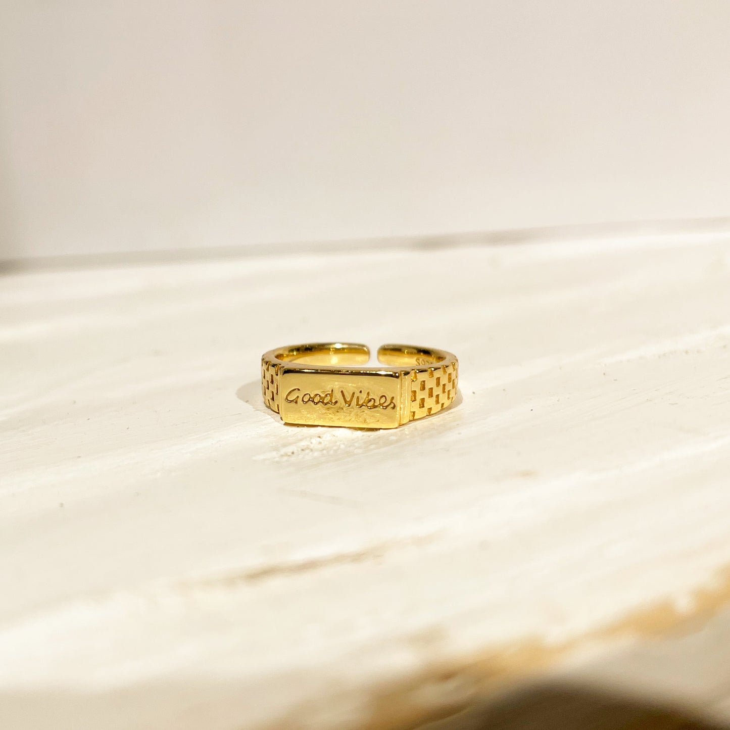 Doviana Signature Good Vibes Gold Cubic Engraved Ring