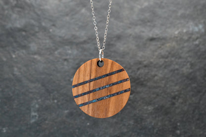 Wood & Sterling Silver Pendant Necklace, Stone Inlay