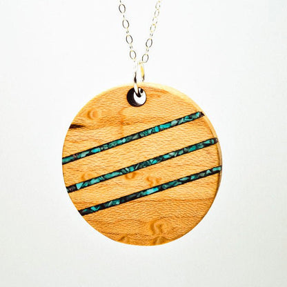 Wood & Sterling Silver Pendant Necklace, Stone Inlay