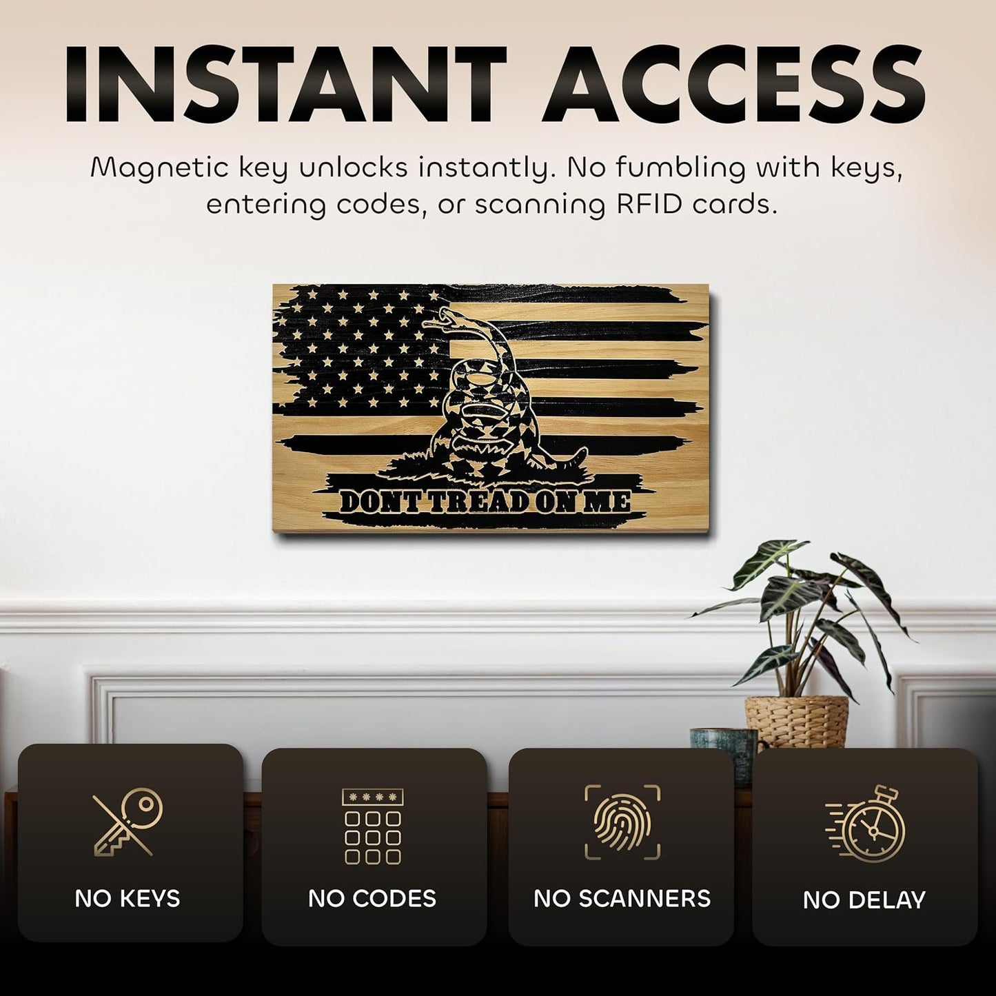 Dont Tread on Me Concealment Shelf - Quick Access Patriotic Hidden Gun Storage with Magnetic Lock - Safe & Secure Gun Concealment Furniture (Distressed)