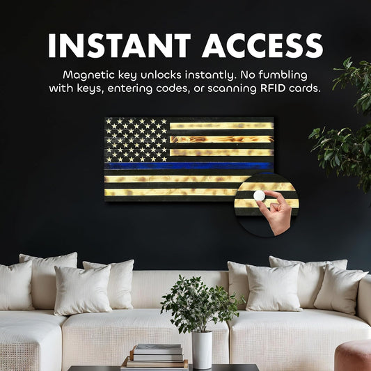 Large Thin Blue Line American Flag Gun Safe - Quick Access Hidden Gun Safe for Rifles, Shotguns, & Handguns - Gun Concealment Furniture with Magnetic Lock - Gun Self Hidden Storage (Blue Line)