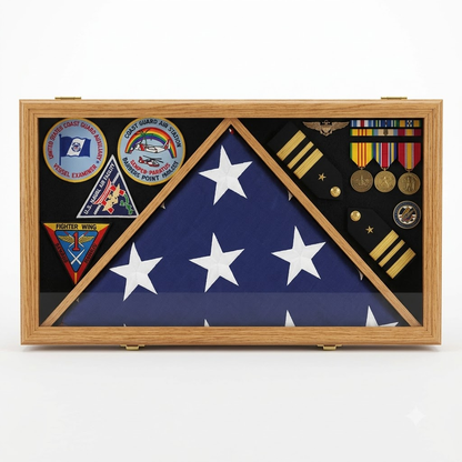 Large Flag & Medals Military Pins Patches Insignia Holds up to 5x9 Flag - Oak