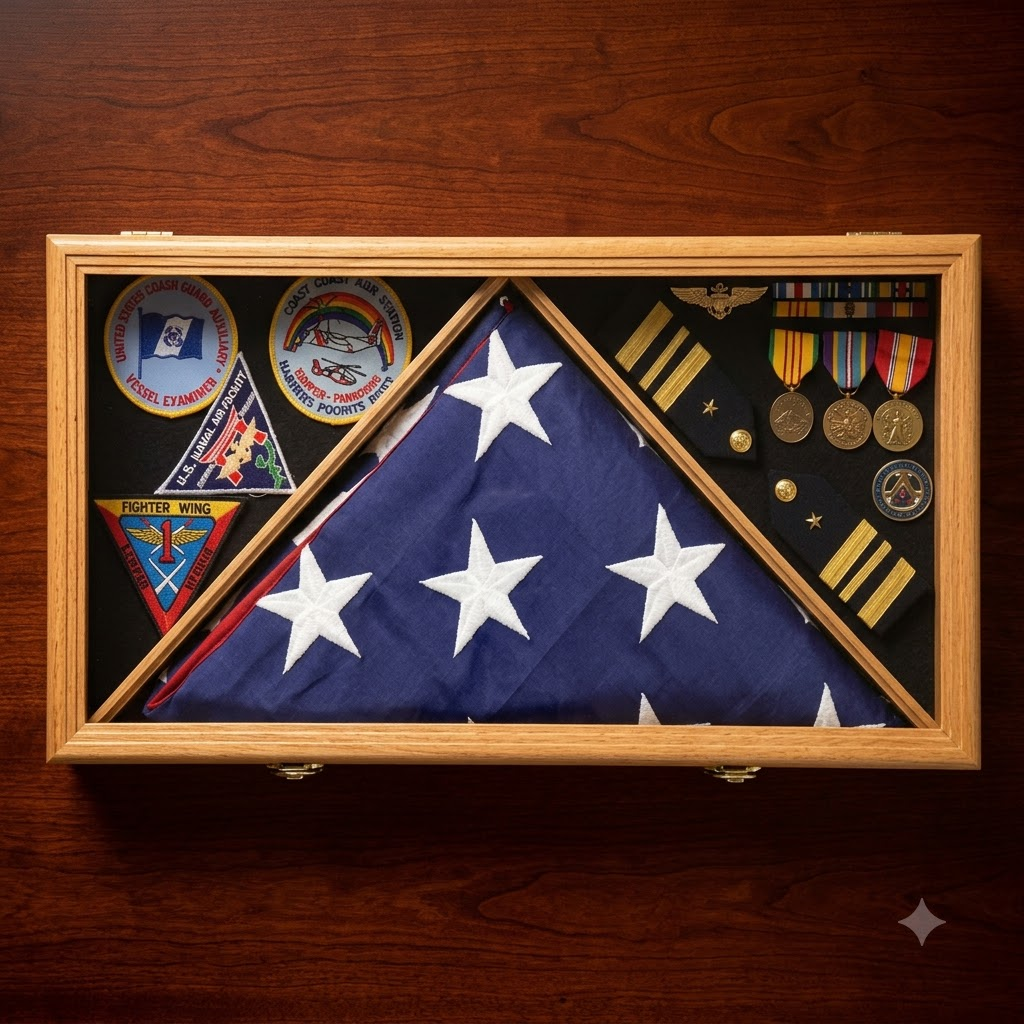 Large Flag & Medals Military Pins Patches Insignia Holds up to 5x9 Flag - Oak