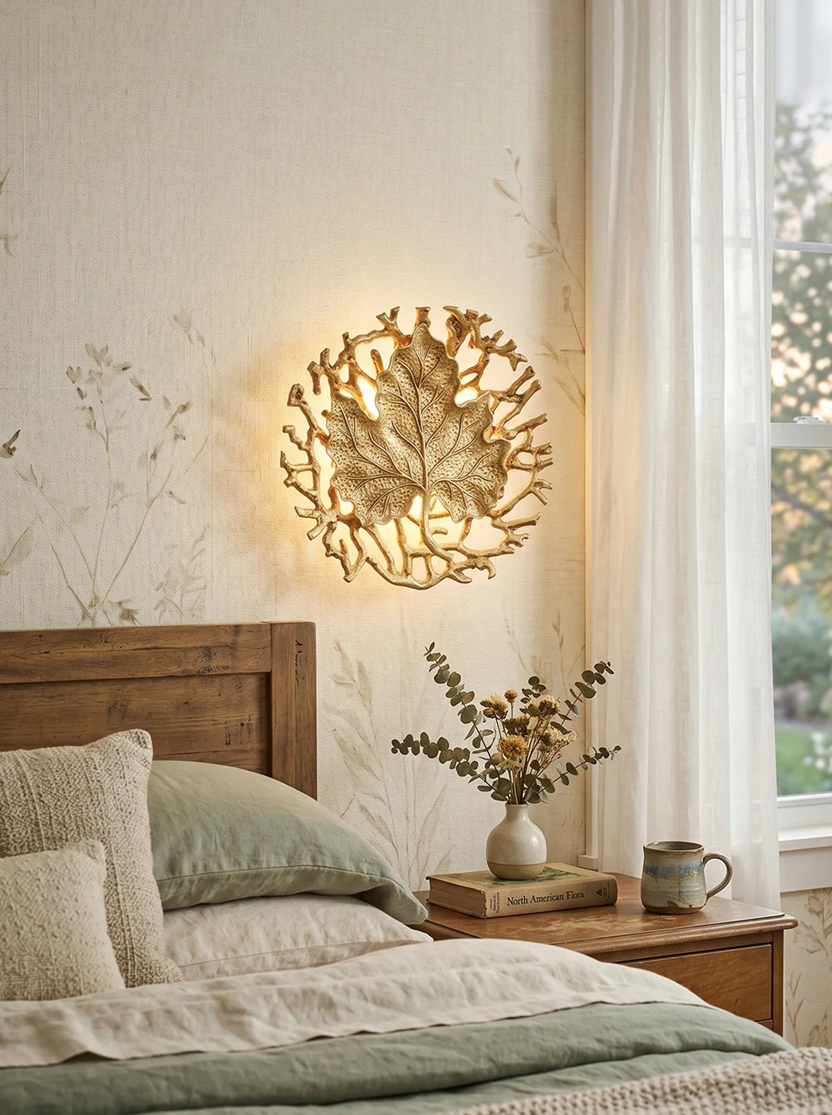 Leaf-Shaped Brass Biophilic Wall Lamp