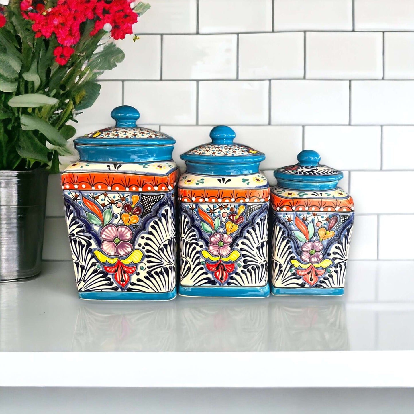 Set of 3 Light Blue Talavera Canister Set | Mexican Pottery from