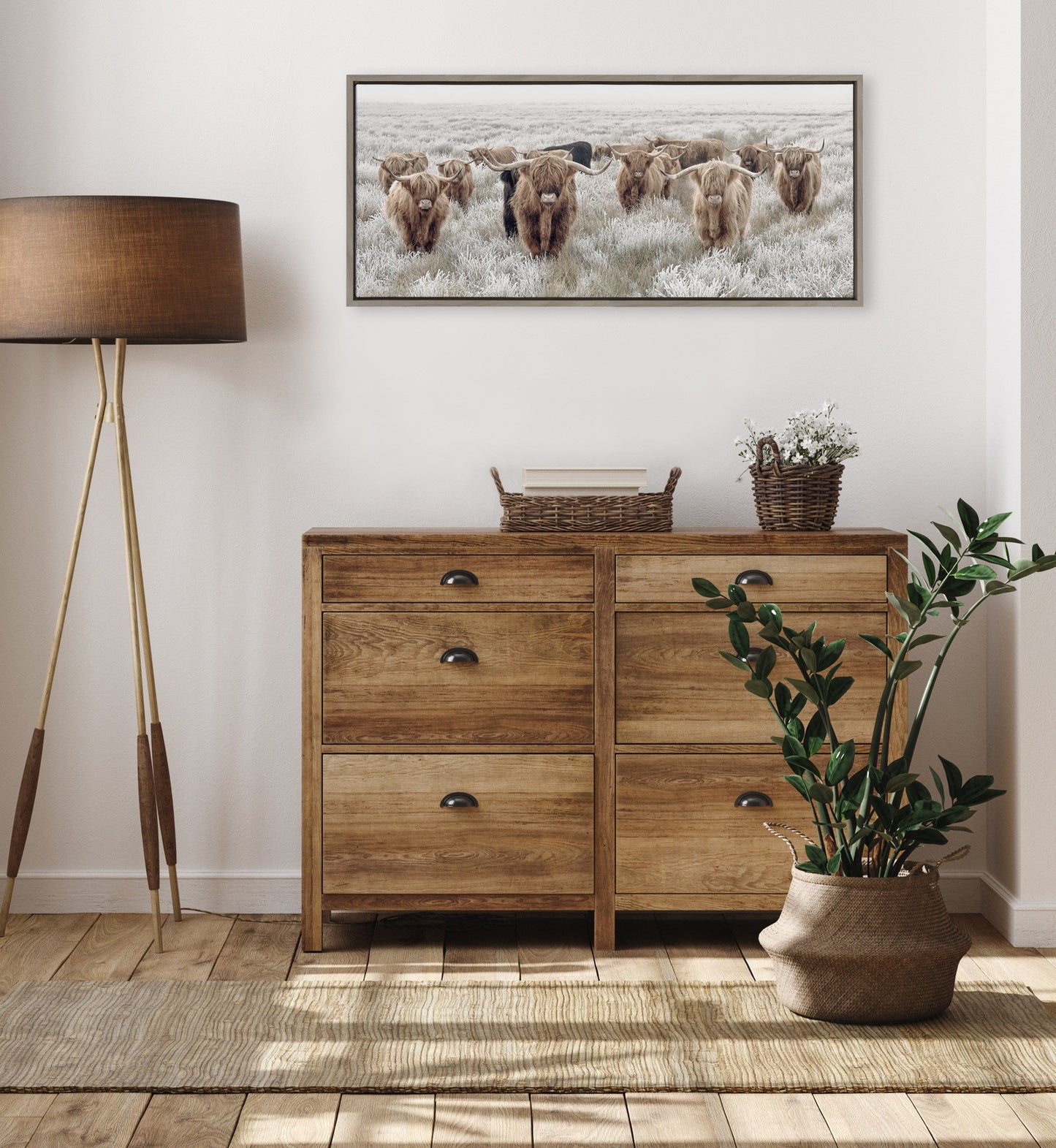 Sylvie Herd of Highland Cows Color Framed Canvas by The Creative Bunch Studio