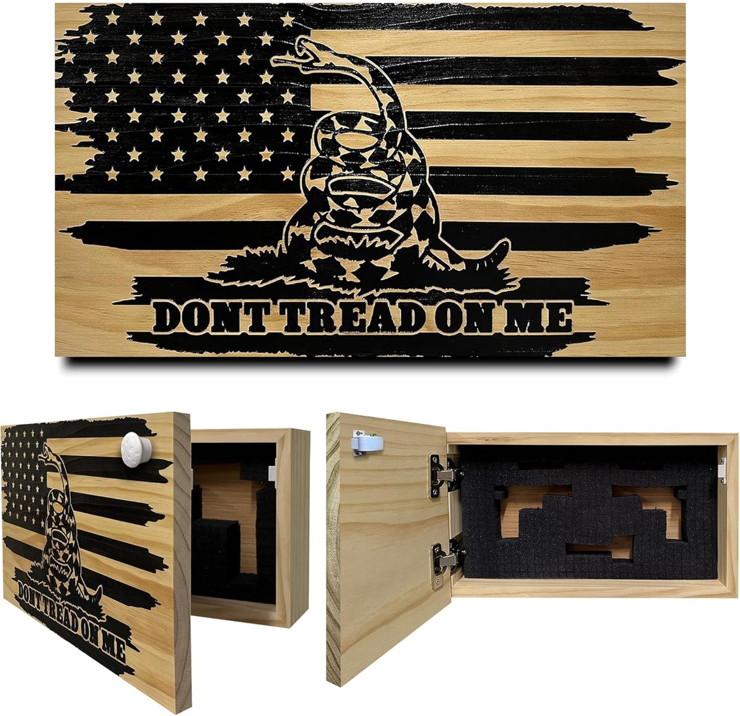Dont Tread on Me Concealment Shelf - Quick Access Patriotic Hidden Gun Storage with Magnetic Lock - Safe & Secure Gun Concealment Furniture (Distressed)