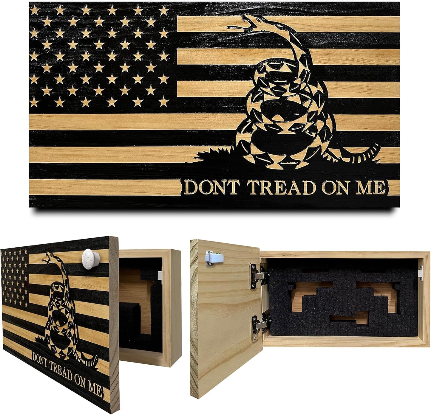 Dont Tread on Me Concealment Shelf - Quick Access Patriotic Hidden Gun Storage with Magnetic Lock - Safe & Secure Gun Concealment Furniture (Stripes)