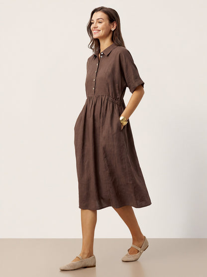 100% Linen Striped Buttoned Front Short-Sleeve Midi Shirt Dress CASSANDRA