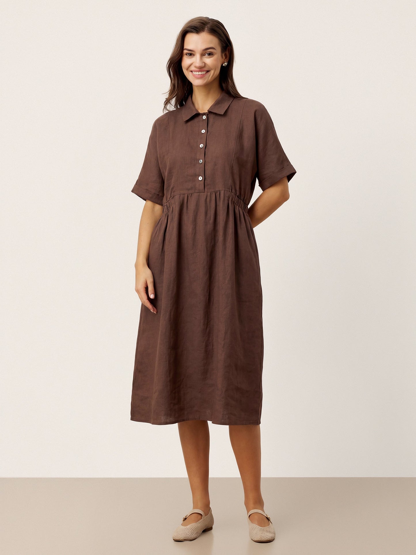 100% Linen Striped Buttoned Front Short-Sleeve Midi Shirt Dress CASSANDRA