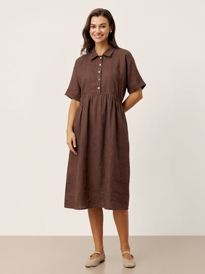 100% Linen Striped Buttoned Front Short-Sleeve Midi Shirt Dress CASSANDRA