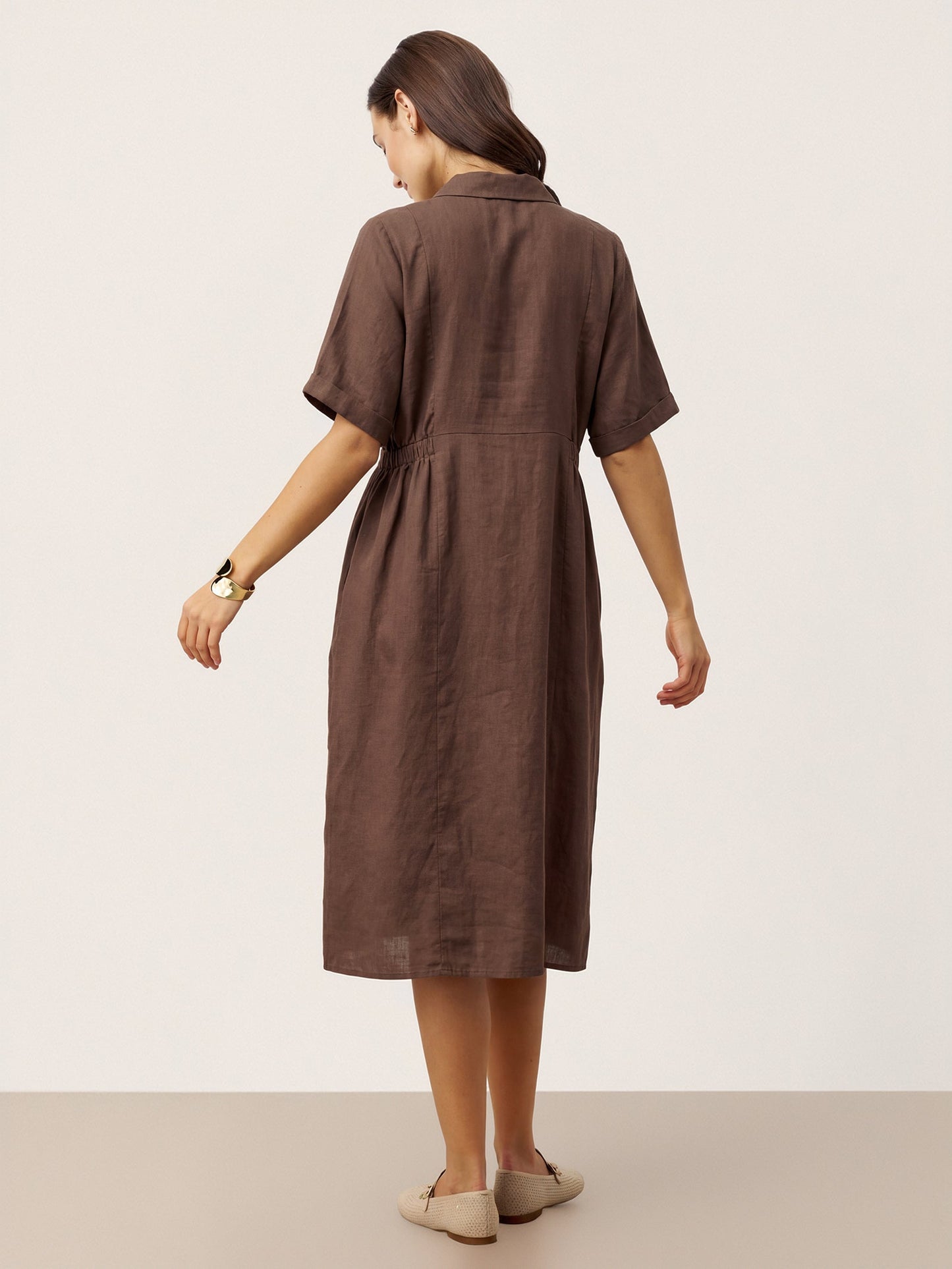 100% Linen Striped Buttoned Front Short-Sleeve Midi Shirt Dress CASSANDRA