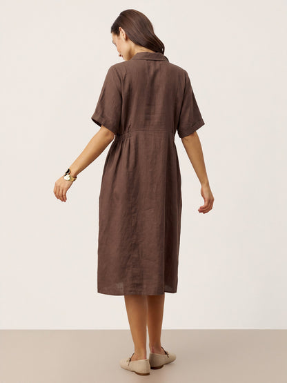 100% Linen Striped Buttoned Front Short-Sleeve Midi Shirt Dress CASSANDRA