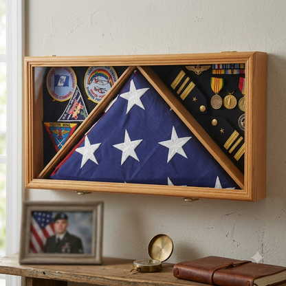 Large Flag & Medals Military Pins Patches Insignia Holds up to 5x9 Flag - Oak